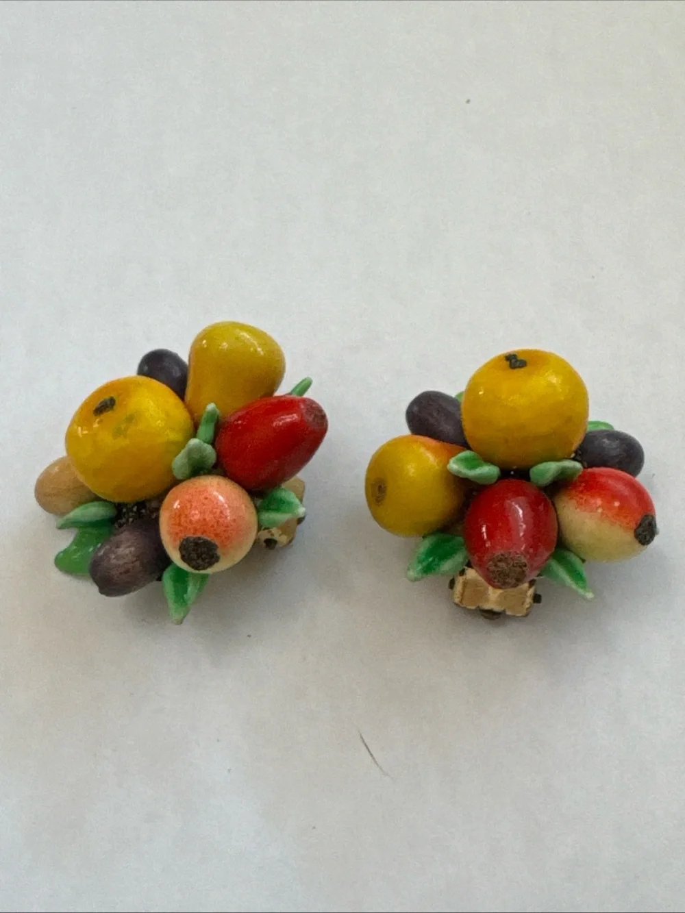 Vintage 1940's Multi-Color Beaded Clip-on Earrings with Fruit and Leaf Motif